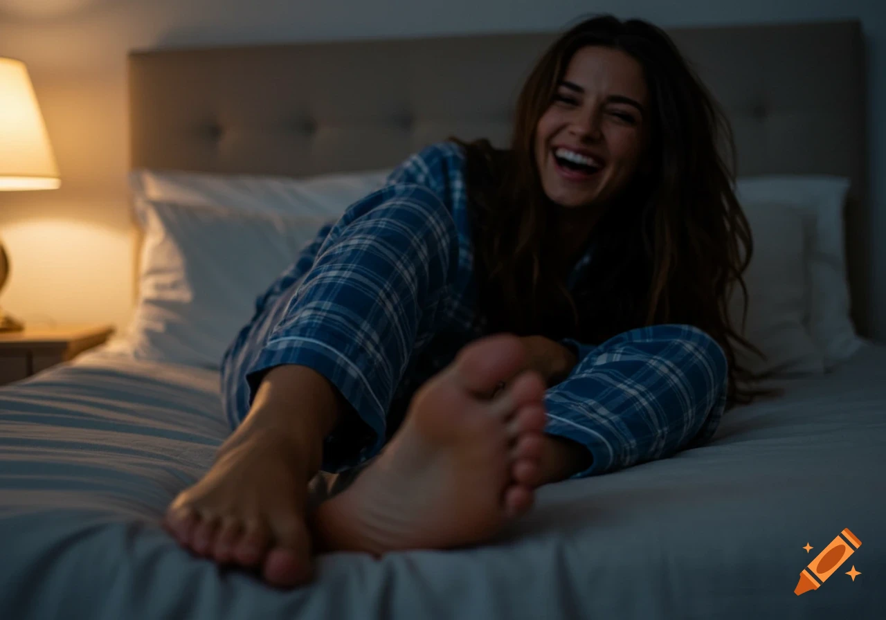 Photorealistic image of a laughing brunette woman in blue plaid pajamas lying in bed at night, showing her bare feet.