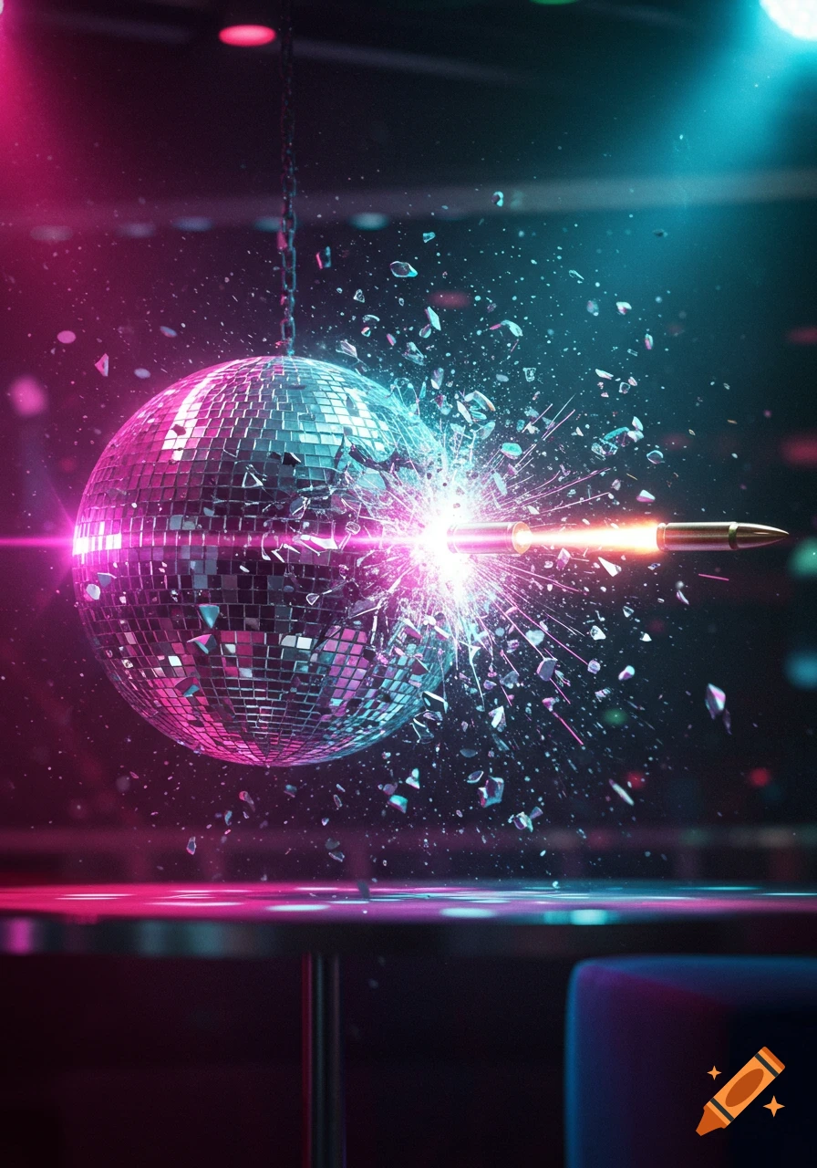 A bullet shatters a sparkling disco ball in a dark club lit by vibrant pink and blue neon lights.