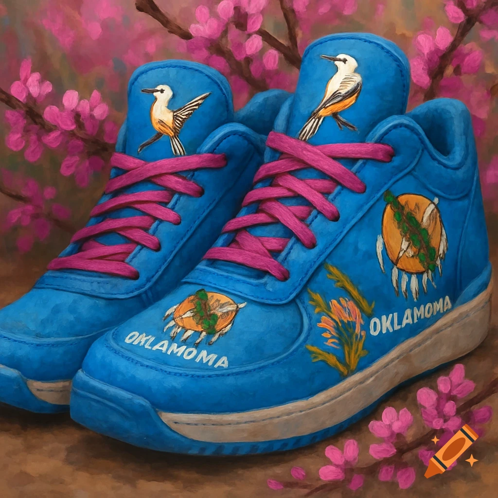 Painterly image of blue sneakers with pink laces, Scissor-tailed Flycatcher birds, and Oklahoma state designs, set against pink redbud flowers.