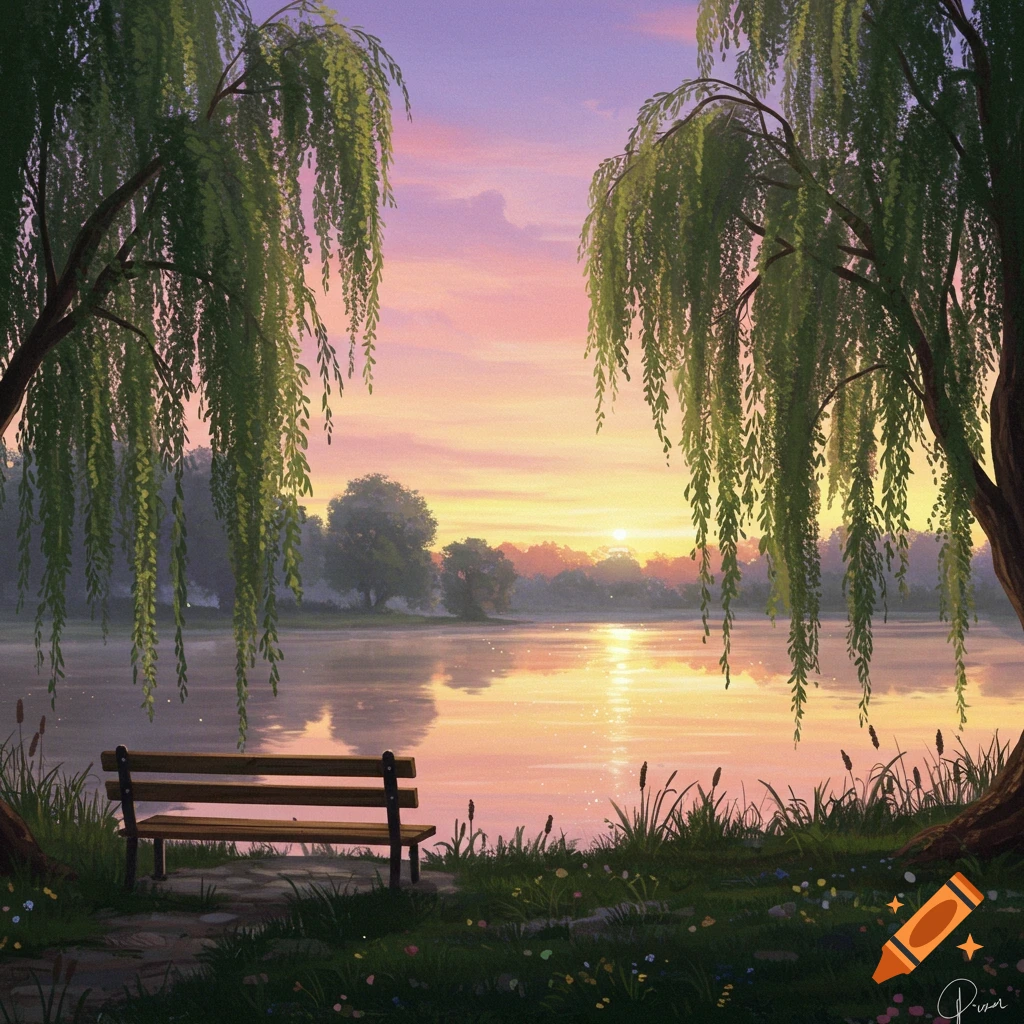 Tranquil sunset over a calm lake, framed by weeping willow trees, with a wooden bench on the grassy shore.