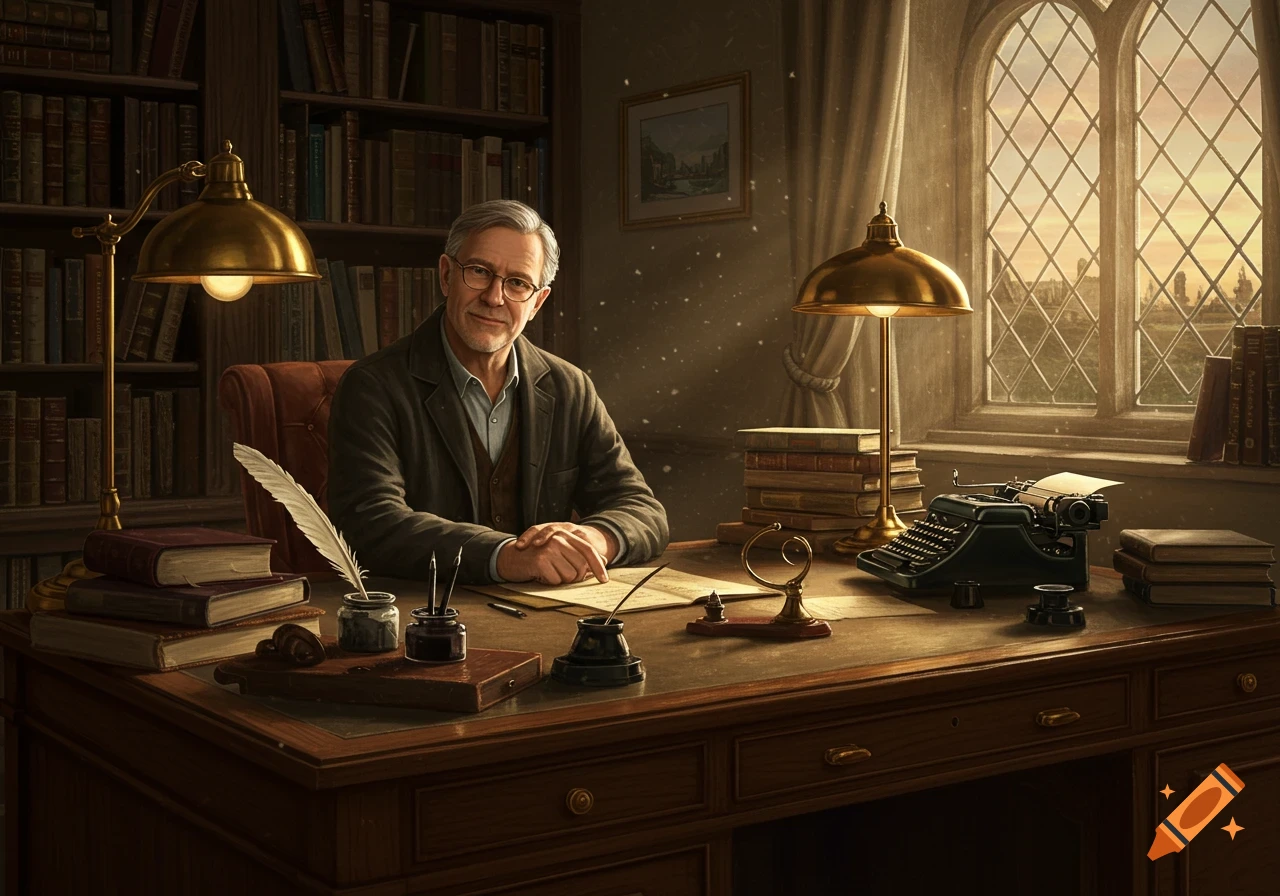 An older man in glasses smiles while sitting at a grand wooden desk in a vintage study, surrounded by books and writing tools.