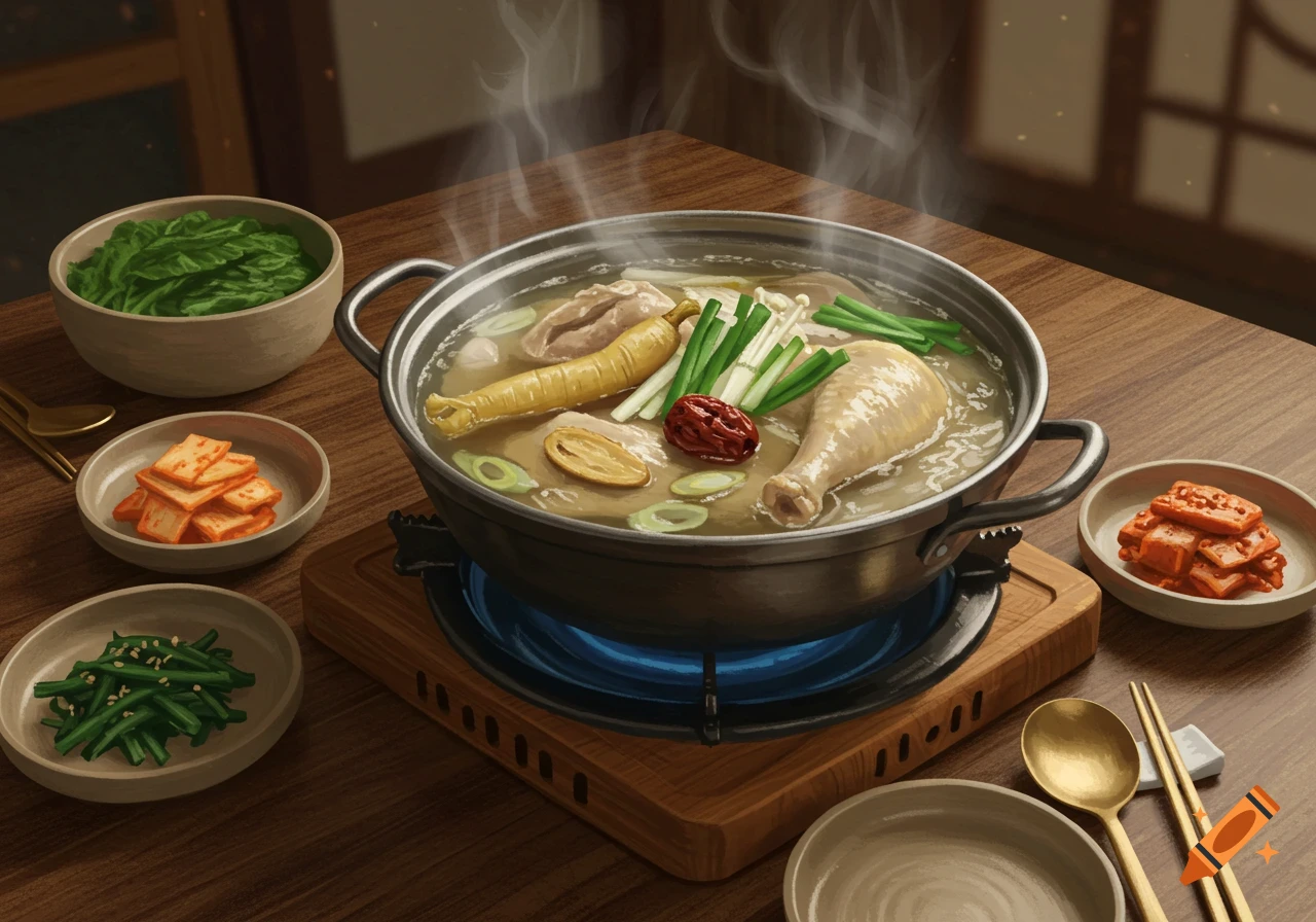 Steaming pot of Korean ginseng chicken soup with chicken, ginseng, jujube, and enoki mushrooms, surrounded by various side dishes on a wooden table.