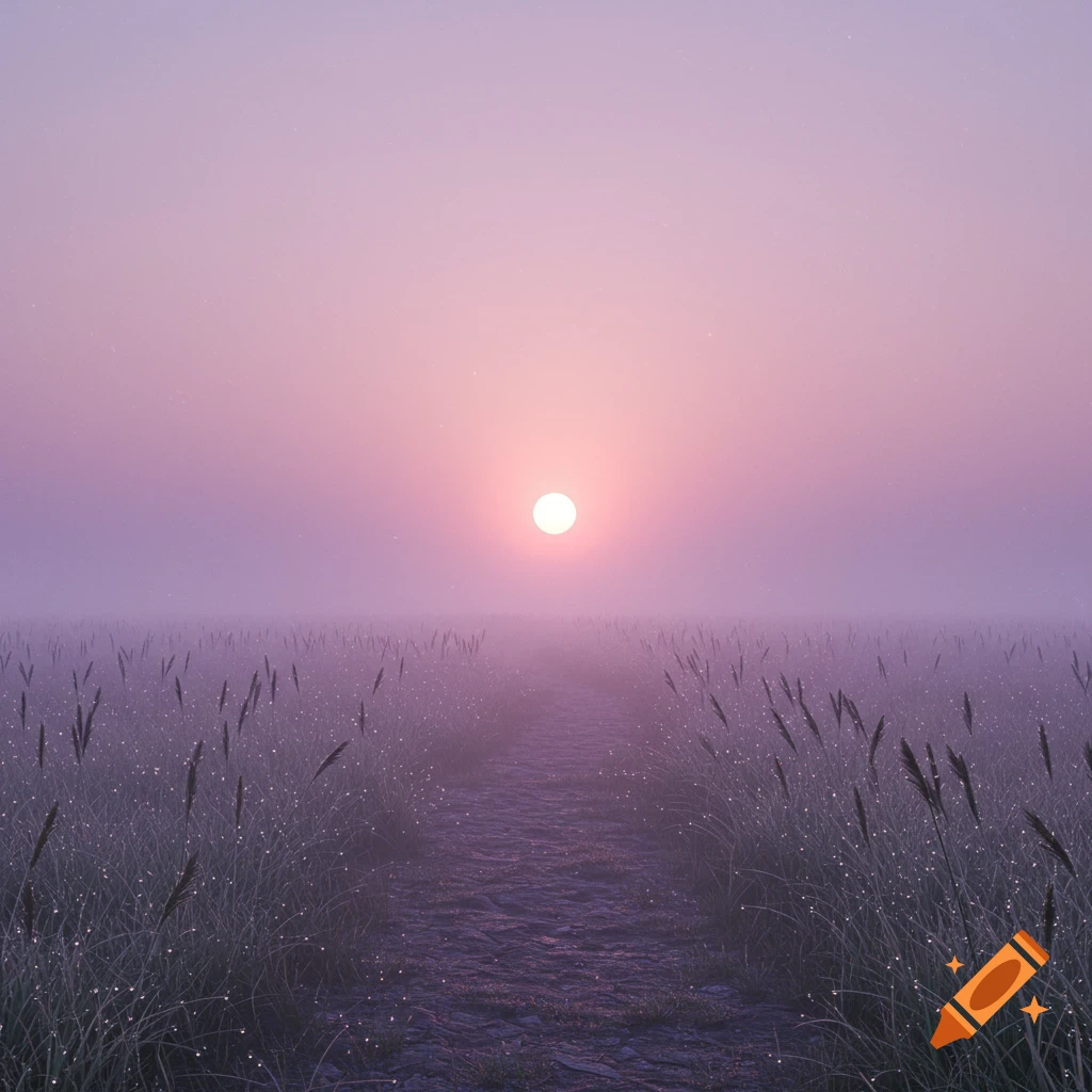 A misty field with a dirt path leading to a bright sun in a pink and purple sky, dewdrops on the grass.