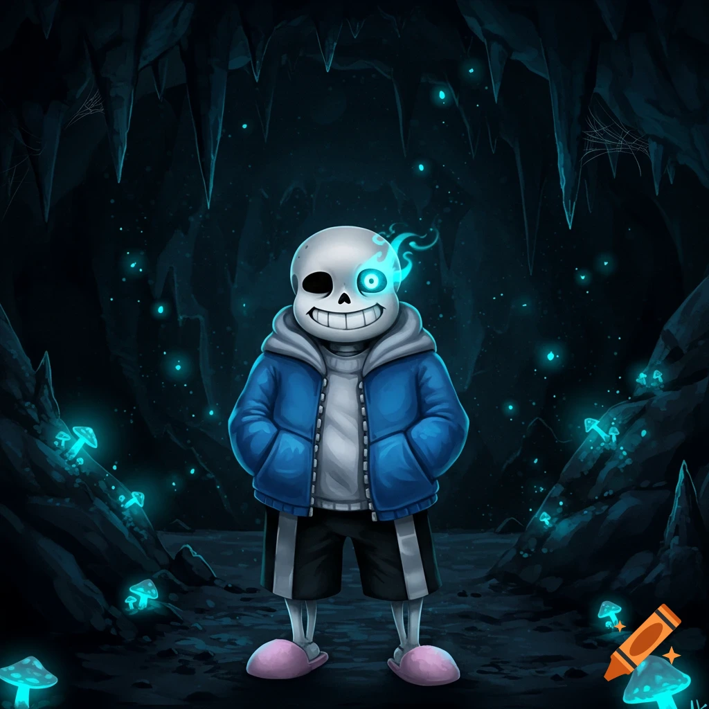 Sans the skeleton stands in a dark cave with glowing blue mushrooms, wearing a blue jacket and pink slippers. His left eye glows blue.