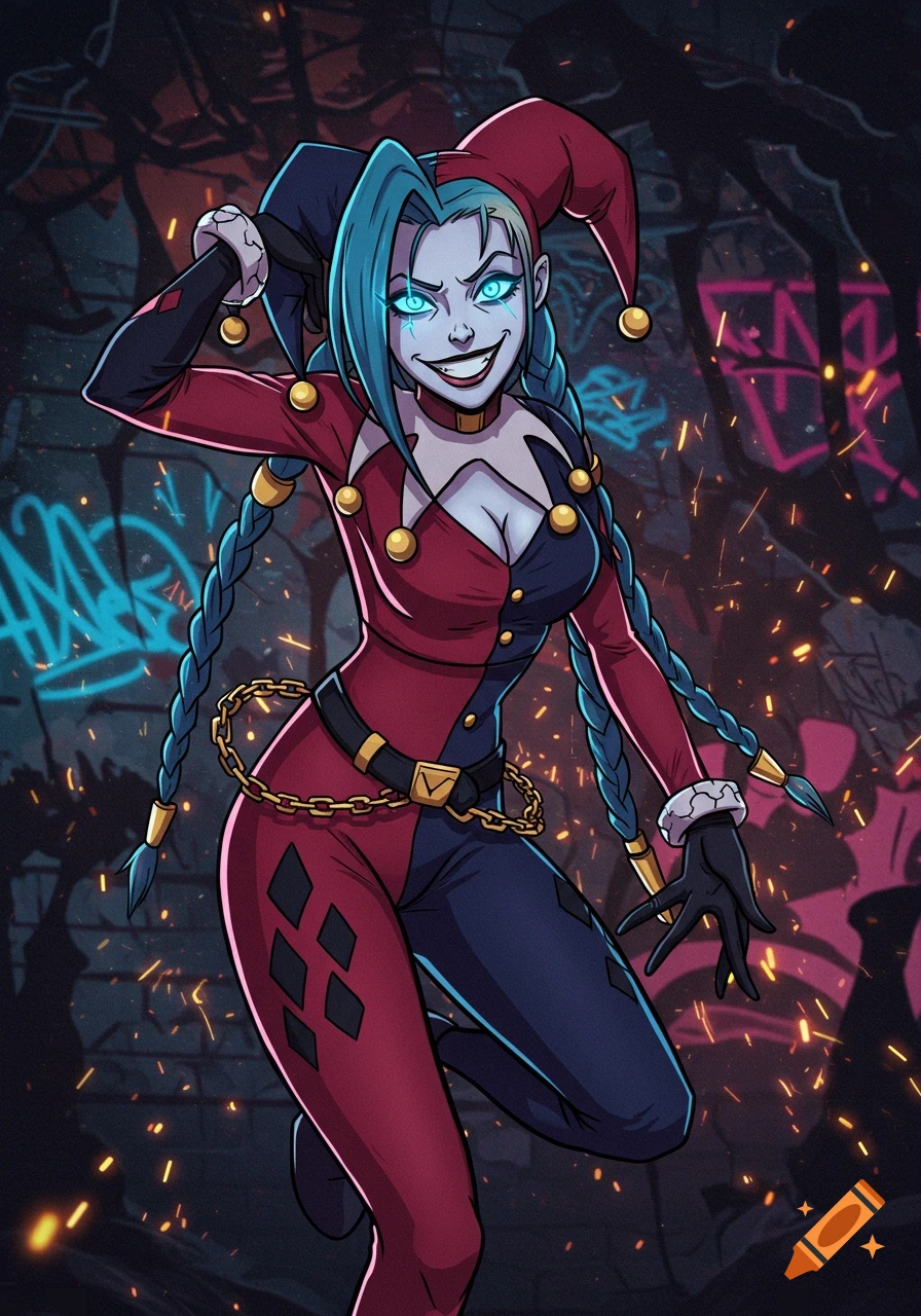 A stylized, cel-shaded image of a female character resembling Harley Quinn, with blue pigtails, jester hat, and a red and black suit, standing against a graffiti-covered wall with sparks.