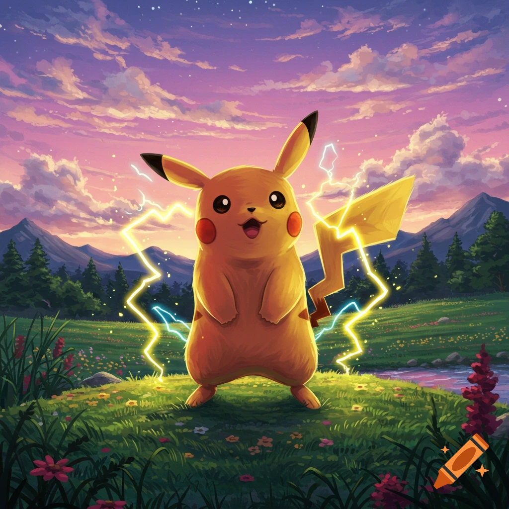 A vibrant illustration of Pikachu standing in a grassy field with pink and purple skies, emitting lightning.