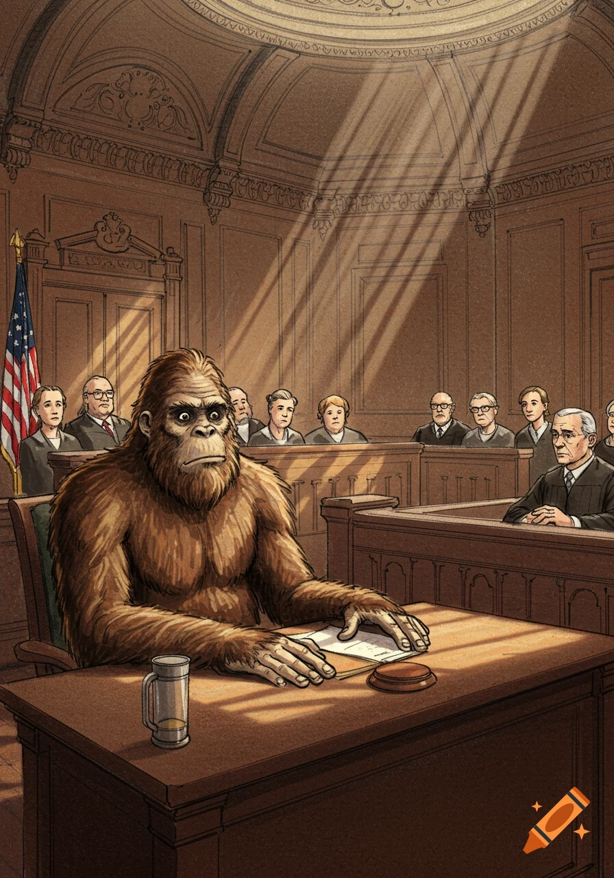 An illustrated courtroom sketch of a Sasquatch (Bigfoot) sitting at the defendant's table in a trial.