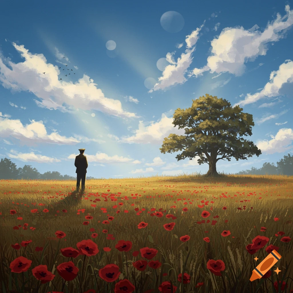Illustrative painting of a person in a uniform standing in a field of red poppies, gazing at a large tree under a blue sky with multiple moons.