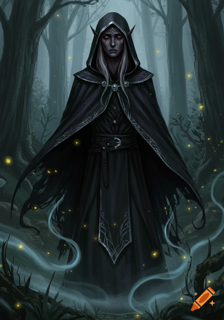 A pale dark elf in a black hooded cloak with glowing red eyes stands in a misty, dark forest with glowing points of light, digital art style.