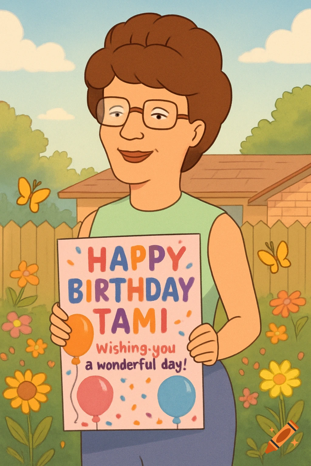 Peggy Hill from King of the Hill in a cartoon style, holding a birthday sign for Tami, standing in a garden.
