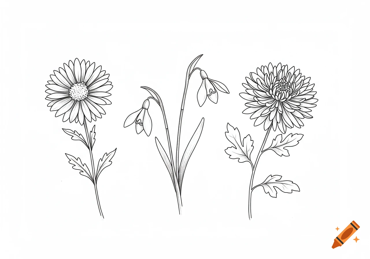 Black fine line drawings of an aster, snowdrop, and chrysanthemum flowers on a white background.