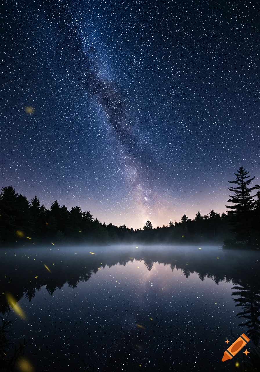 Photorealistic night landscape of the Milky Way reflecting in a foggy lake surrounded by a forest, with fireflies.