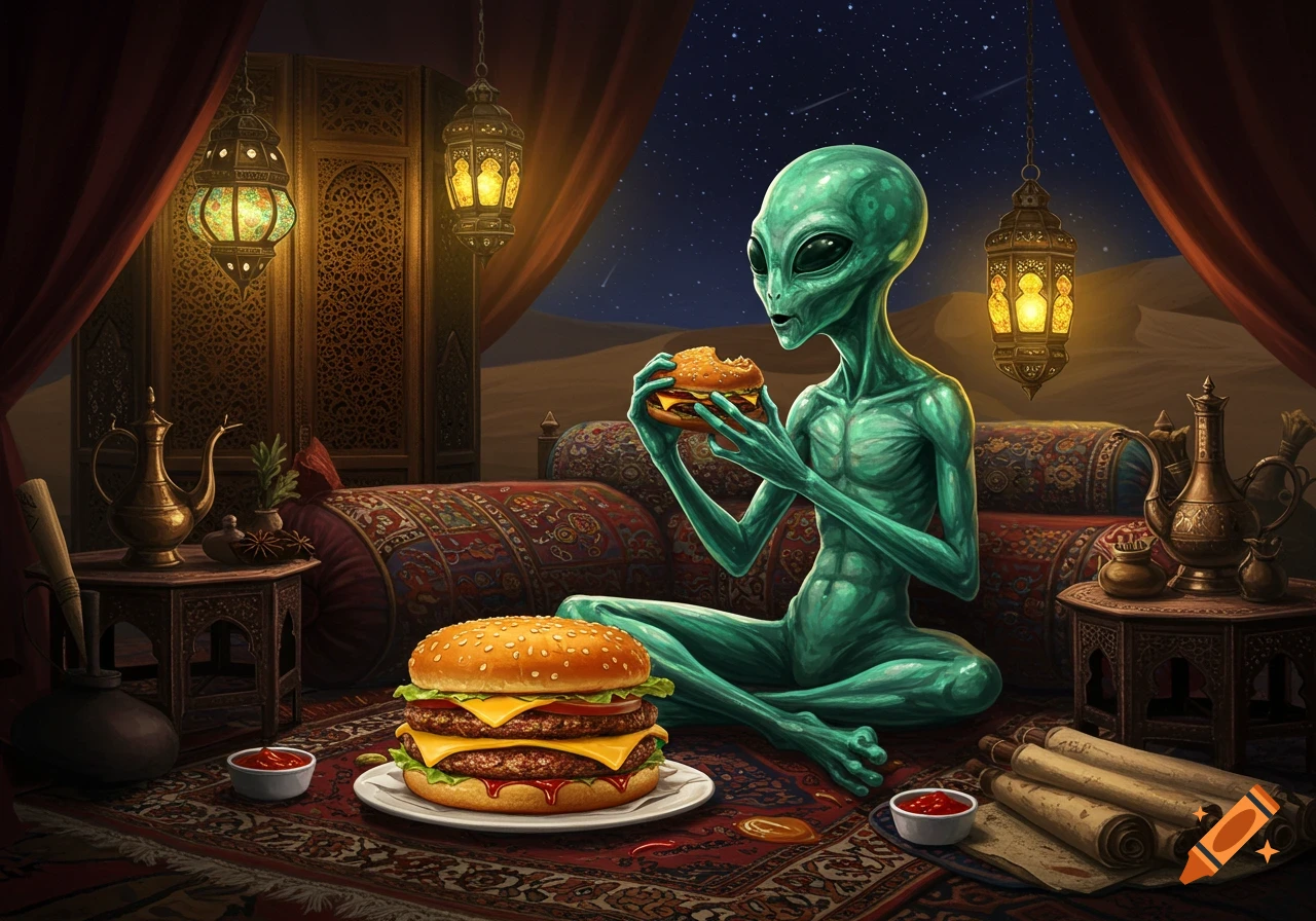 A green alien sits on ornate cushions in an Arabic tent, eating a burger with a large double cheeseburger on a plate in front.
