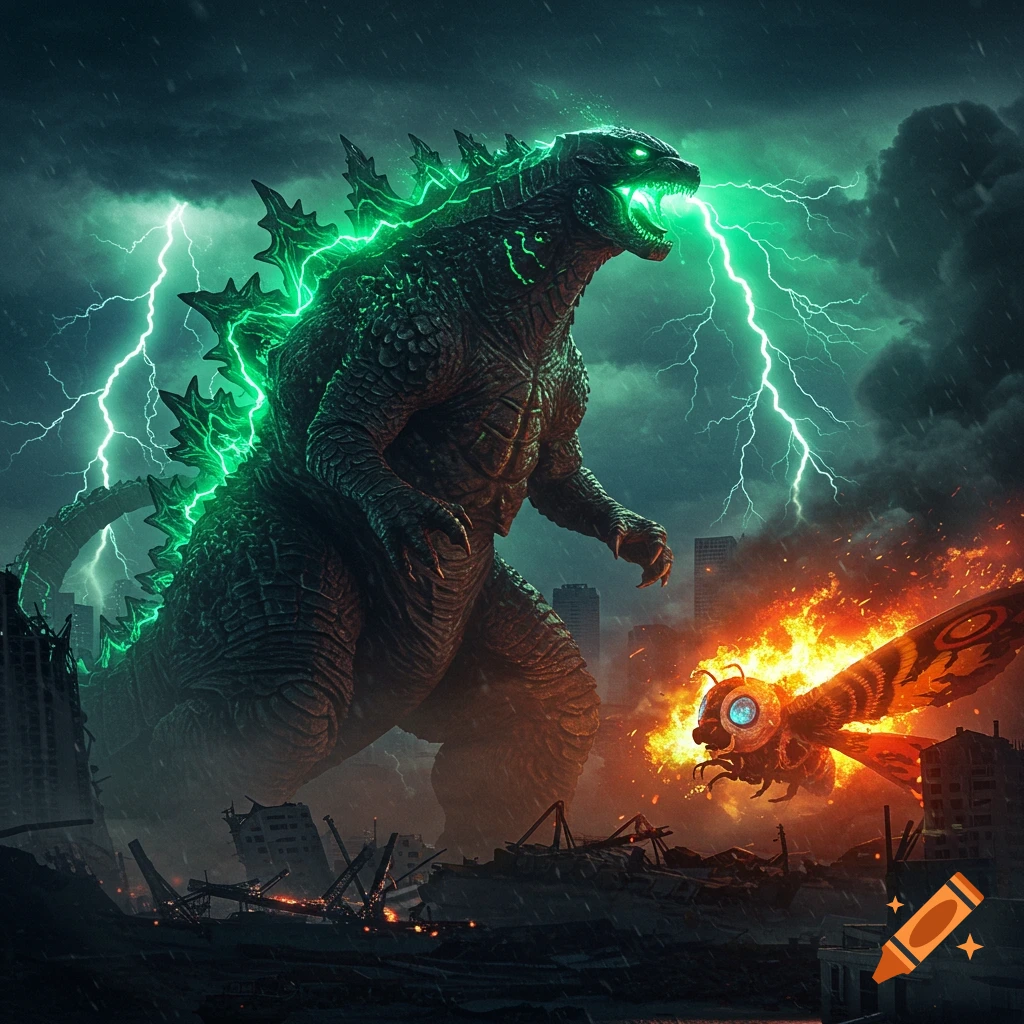 Godzilla, glowing green with lightning, battles a fiery Mothra over a destroyed city under stormy skies.