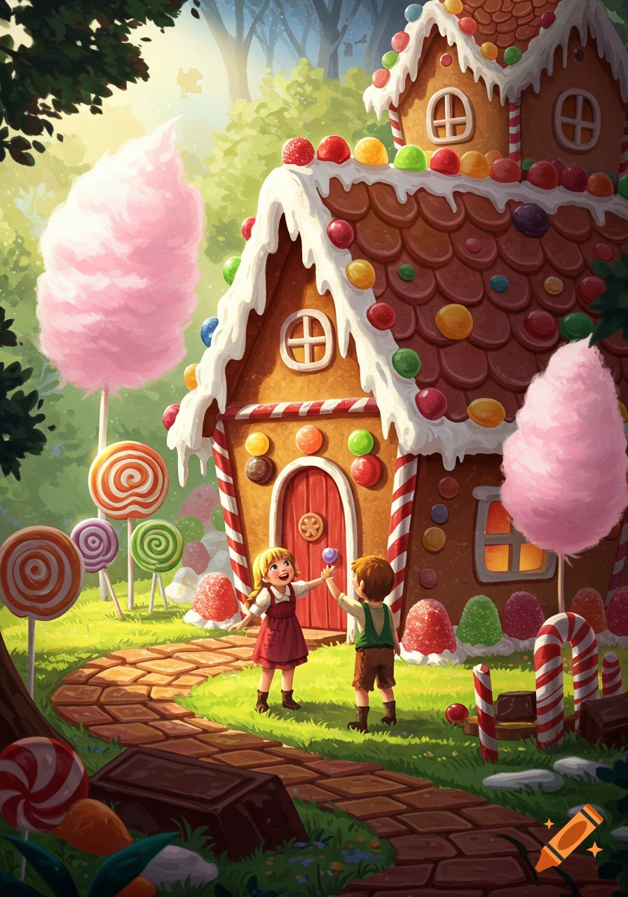 Two children stand on a path leading to a candy-decorated gingerbread house in a sunny fairytale forest. Colorful illustration.