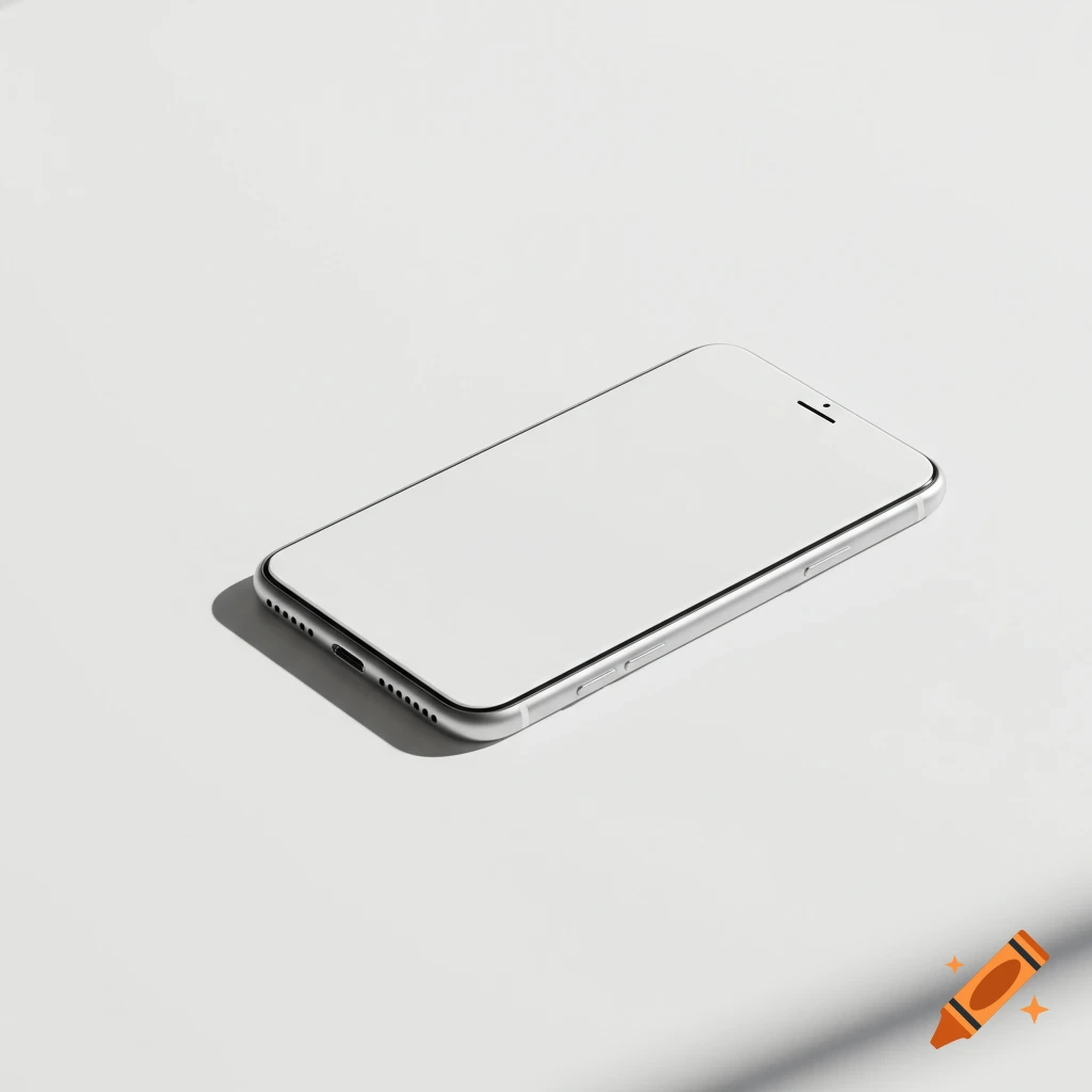 A silver smartphone with a blank white screen lies diagonally on a bright white background, casting soft shadows.