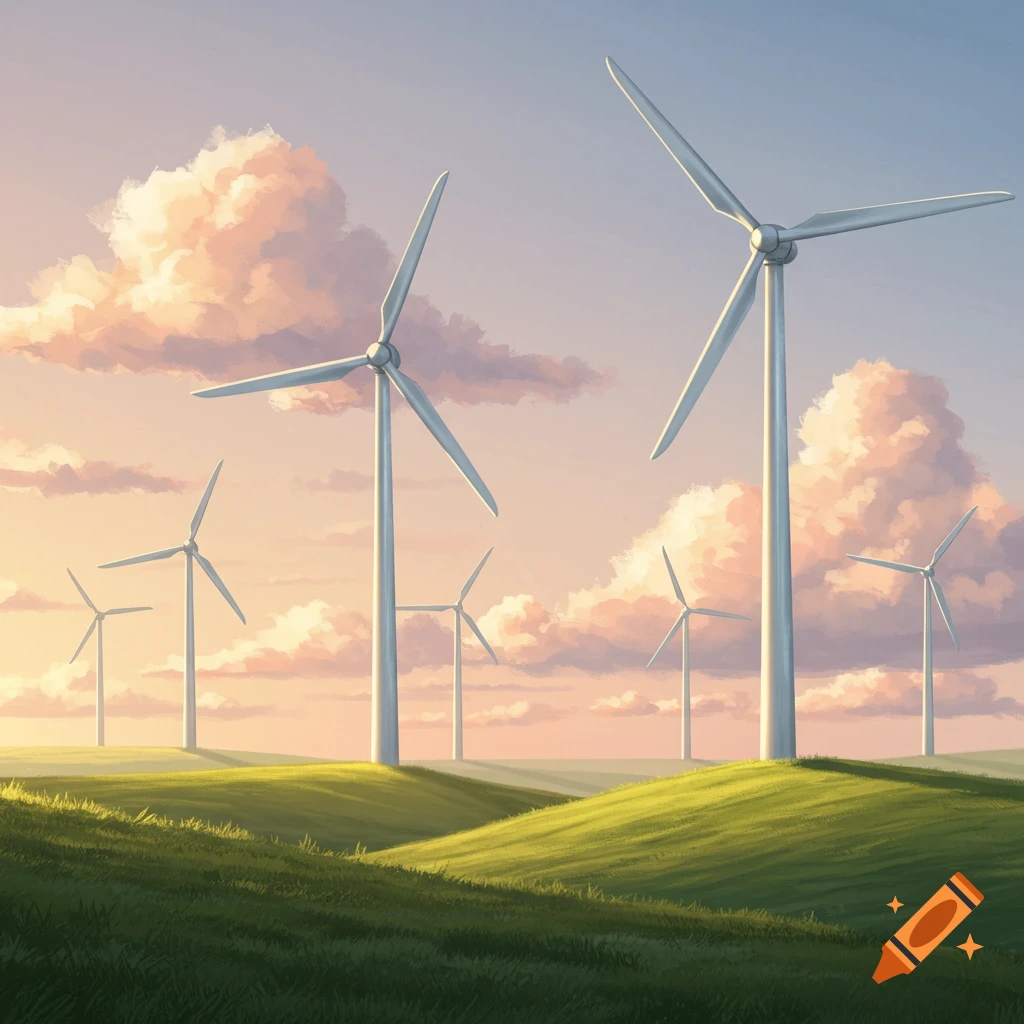 Illustrative view of numerous white wind turbines on rolling green hills under a sky with pink and orange clouds.
