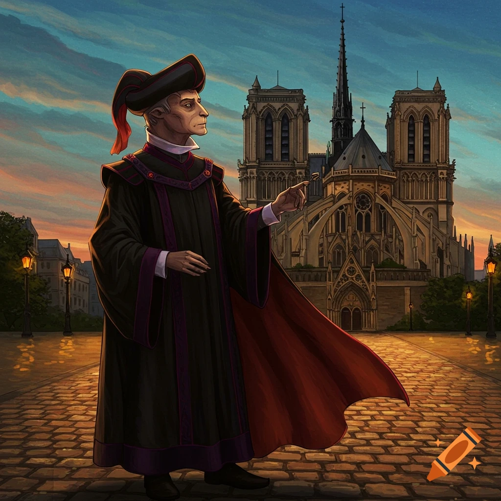 A robed man, Frollo as a Doge, points at a grand Gothic cathedral at sunset on a cobblestone path.