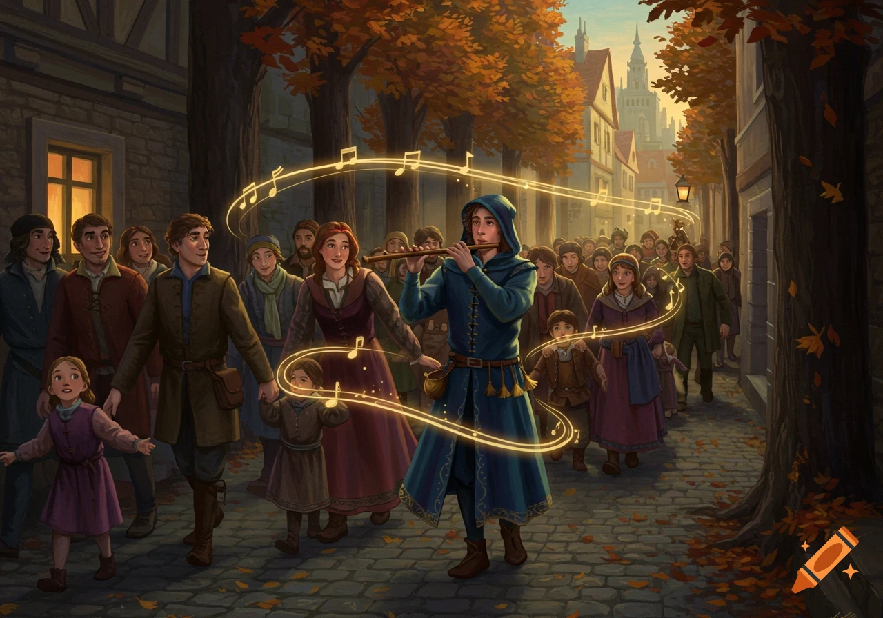 A hooded piper in blue leads a joyful crowd through an autumn town street, glowing musical notes swirl around them.