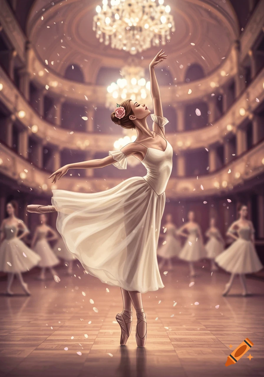 A ballerina in a white dress dances on pointe in a grand hall with confetti falling, other dancers blurred in the background.