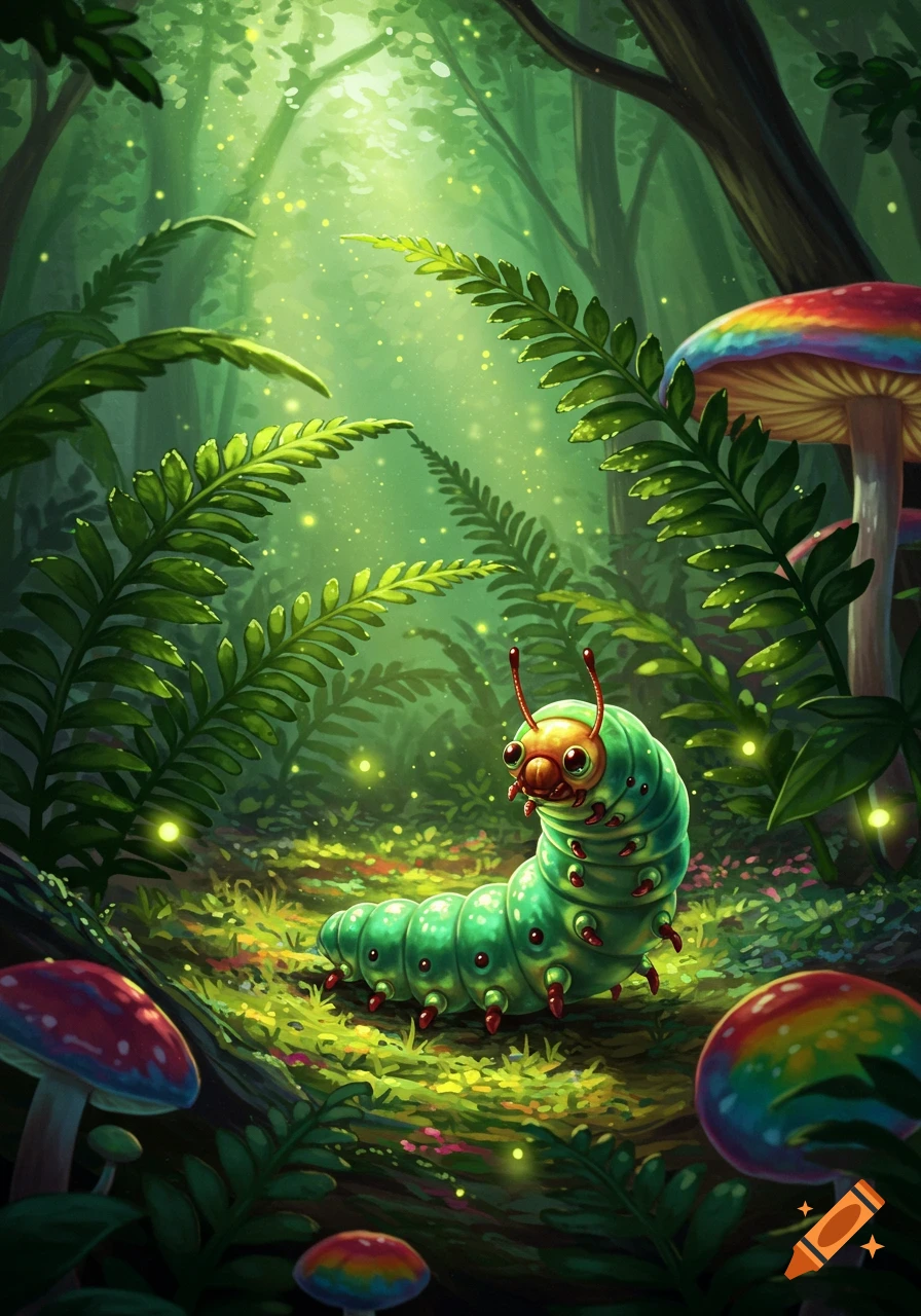 A whimsical green caterpillar with red details crawls on a glowing forest floor surrounded by ferns and rainbow mushrooms in an illustrated fantasy style.