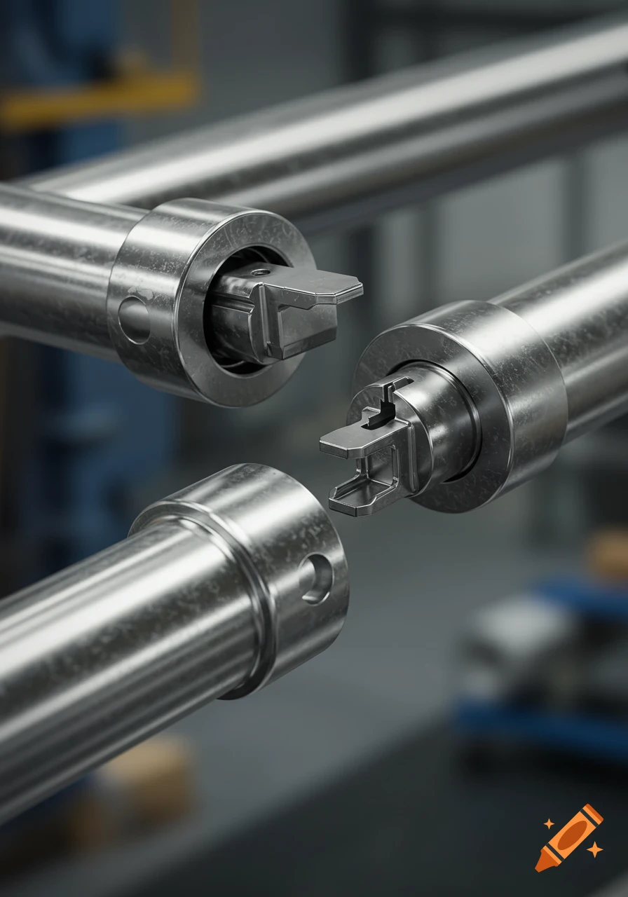 Close-up of three shiny metallic tubes, two with interlocking mechanisms and one with a hole, ready to connect.