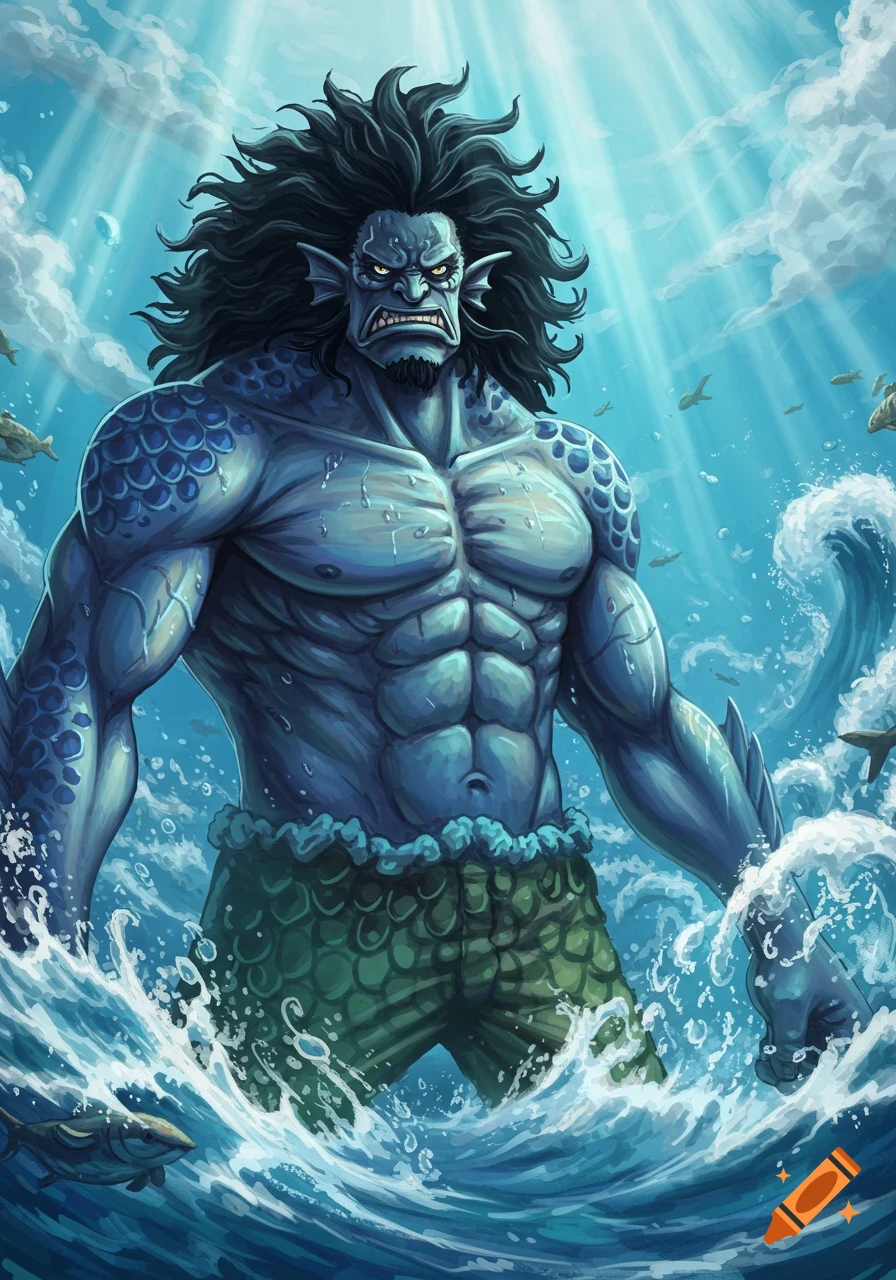 A muscular, blue-skinned fishman with spiky dark hair and a fierce expression stands in turbulent ocean water, sunlight beaming from above.