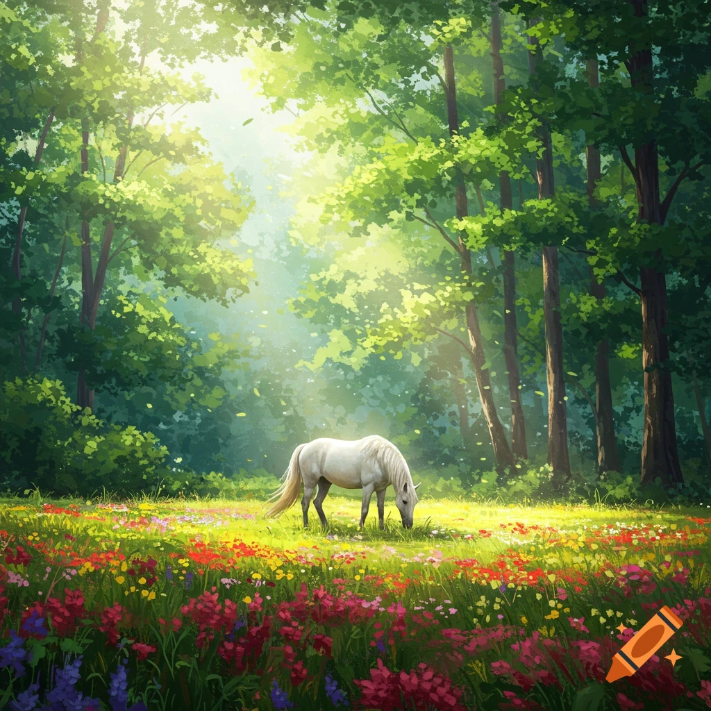 A white horse grazes in a vibrant meadow of colorful flowers under sunlit trees in a lush digital painting.