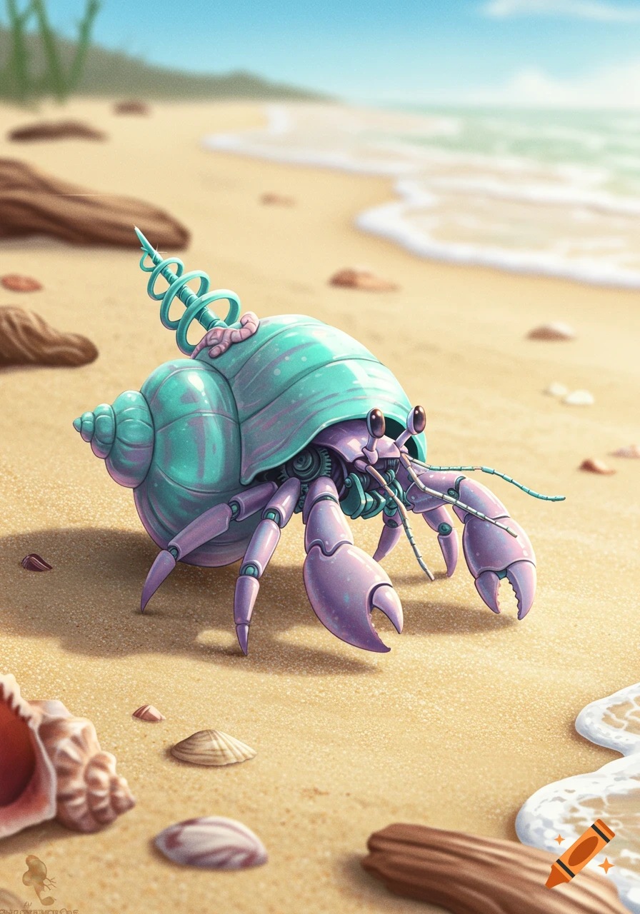A vibrant, pastel mechanical hermit crab with a spiral on its back on a sandy beach with ocean waves.