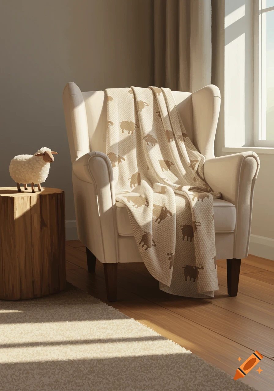 A cream-colored armchair with a sheep-motif blanket and a wooden sheep figurine on a side table in a sunlit living room.