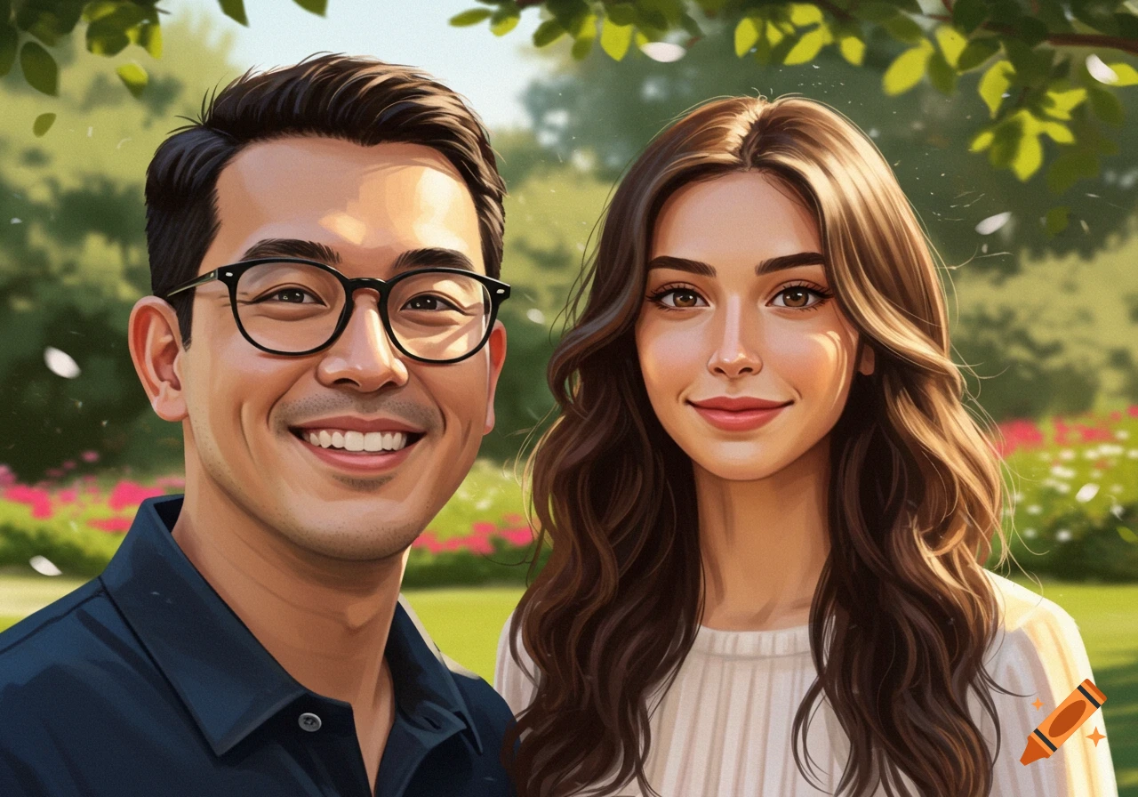 A digitally painted smiling man wearing glasses and a woman with long brown hair standing in a sunny park.