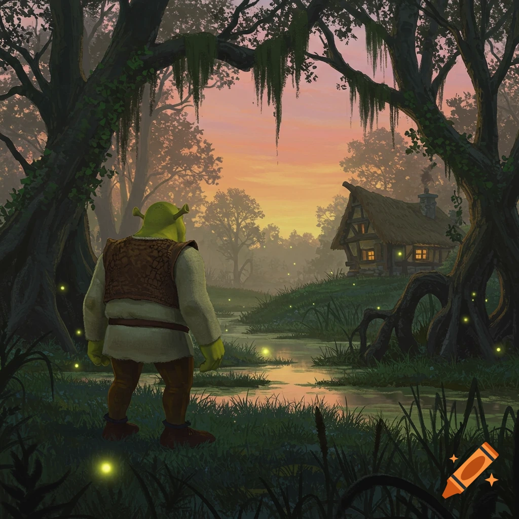Shrek stands in a magical swamp looking at his hut at sunset, with glowing fireflies around.