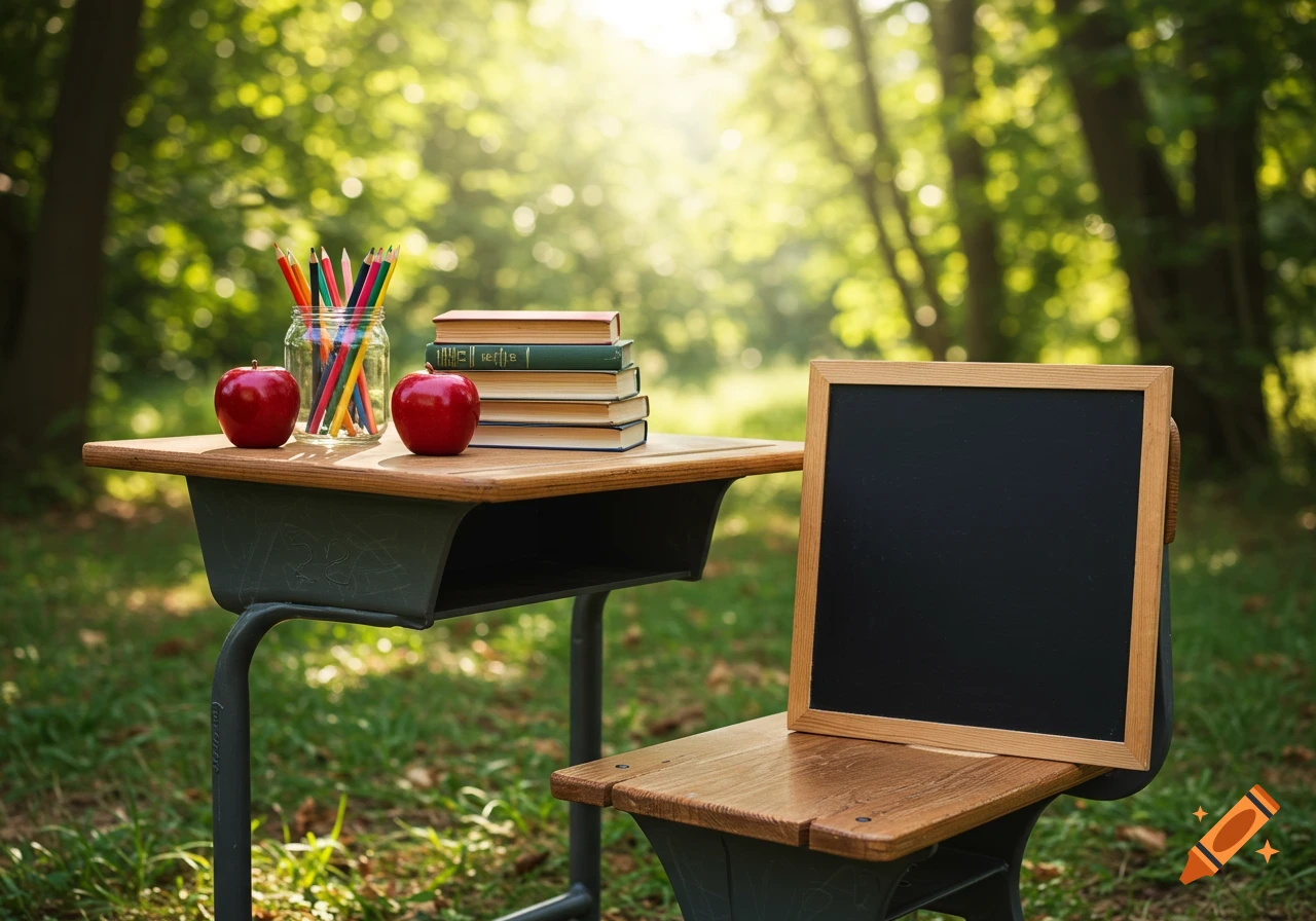 A vintage school desk with pencils, books, and red apples sits outdoors in a sunlit forest, with a blackboard leaning against its chair.
