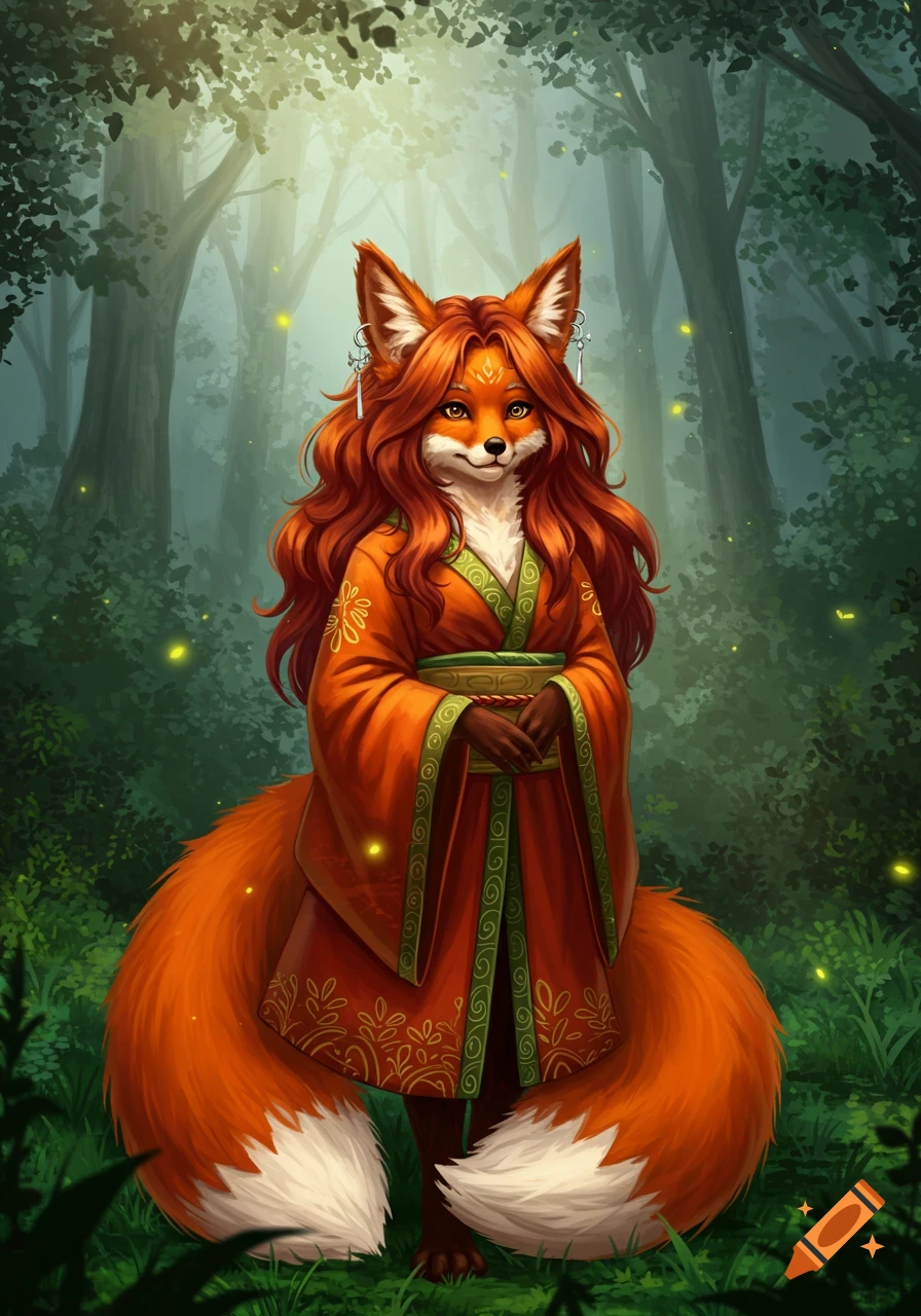 An anthropomorphic fox with long red hair wears an orange kimono, standing in a magical forest with glowing lights.