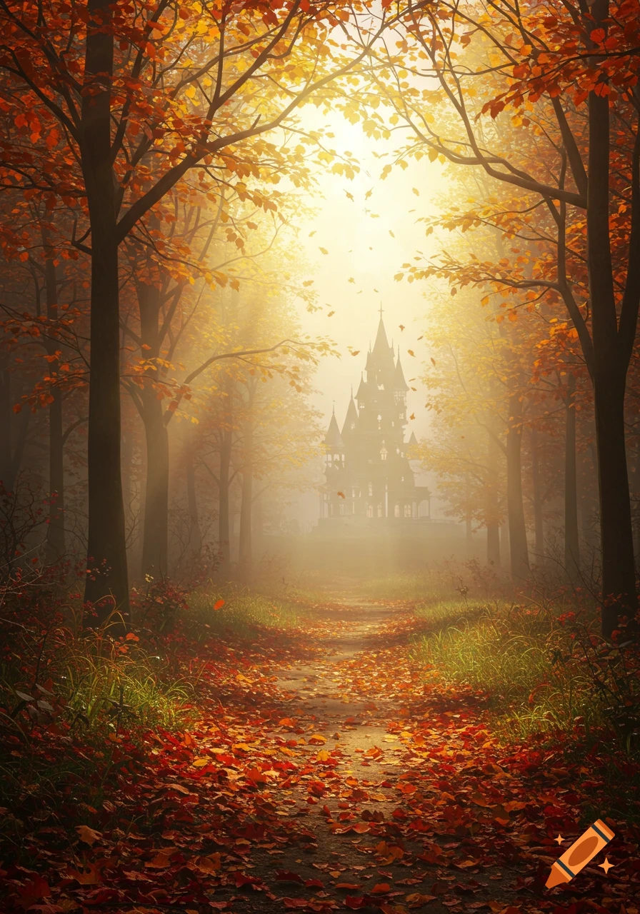 An autumn forest path with vibrant orange leaves leads to a mystical castle shrouded in mist and warm sunlight.