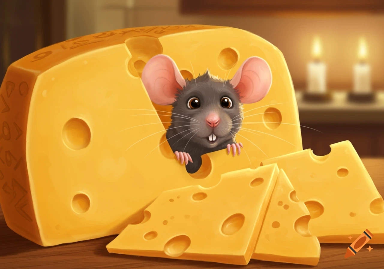 A cute animated rat peeking out of a large block of Swiss cheese, with slices of cheese on a wooden table.