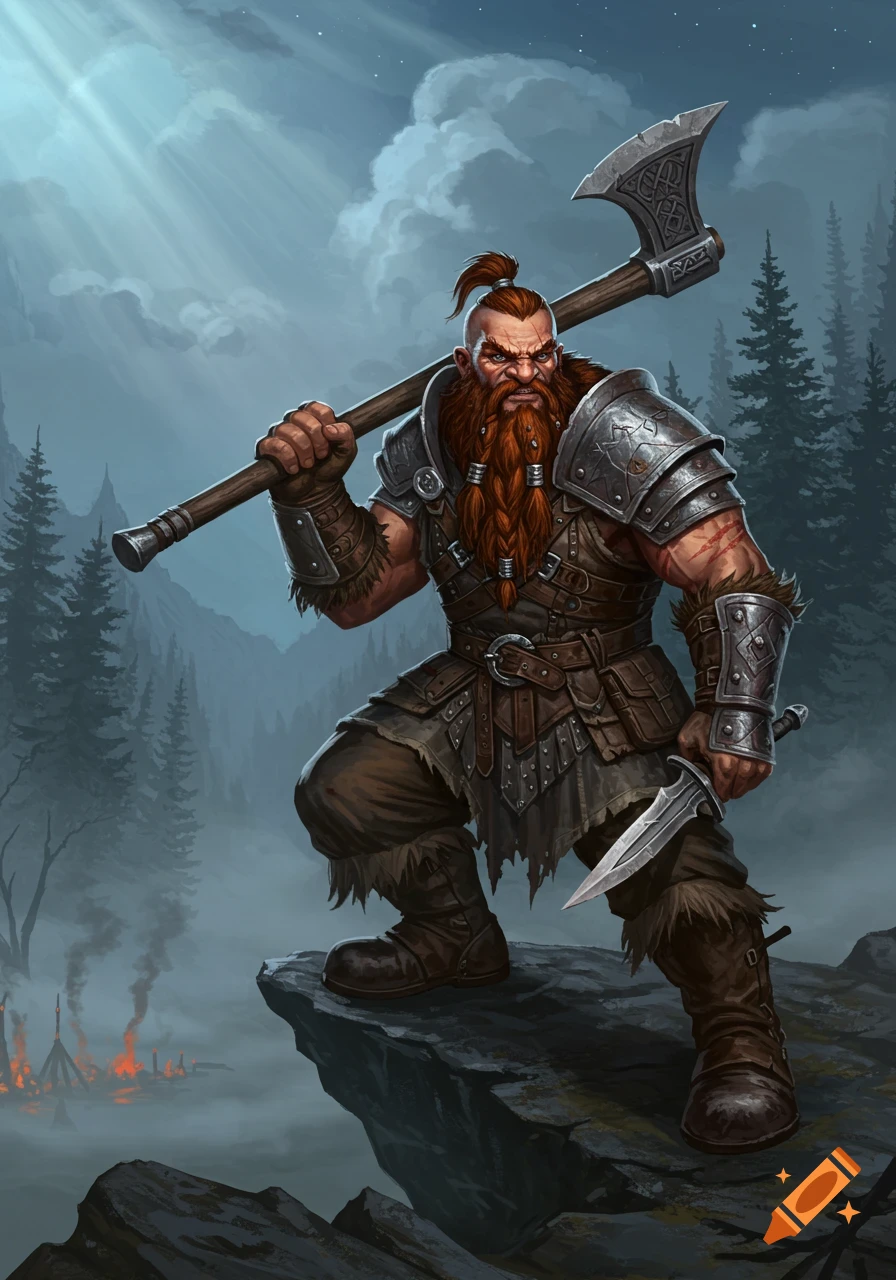 A fierce red-bearded dwarf barbarian warrior stands on a cliff, holding a large axe and a dagger, with burning campfires in a misty forest valley below.