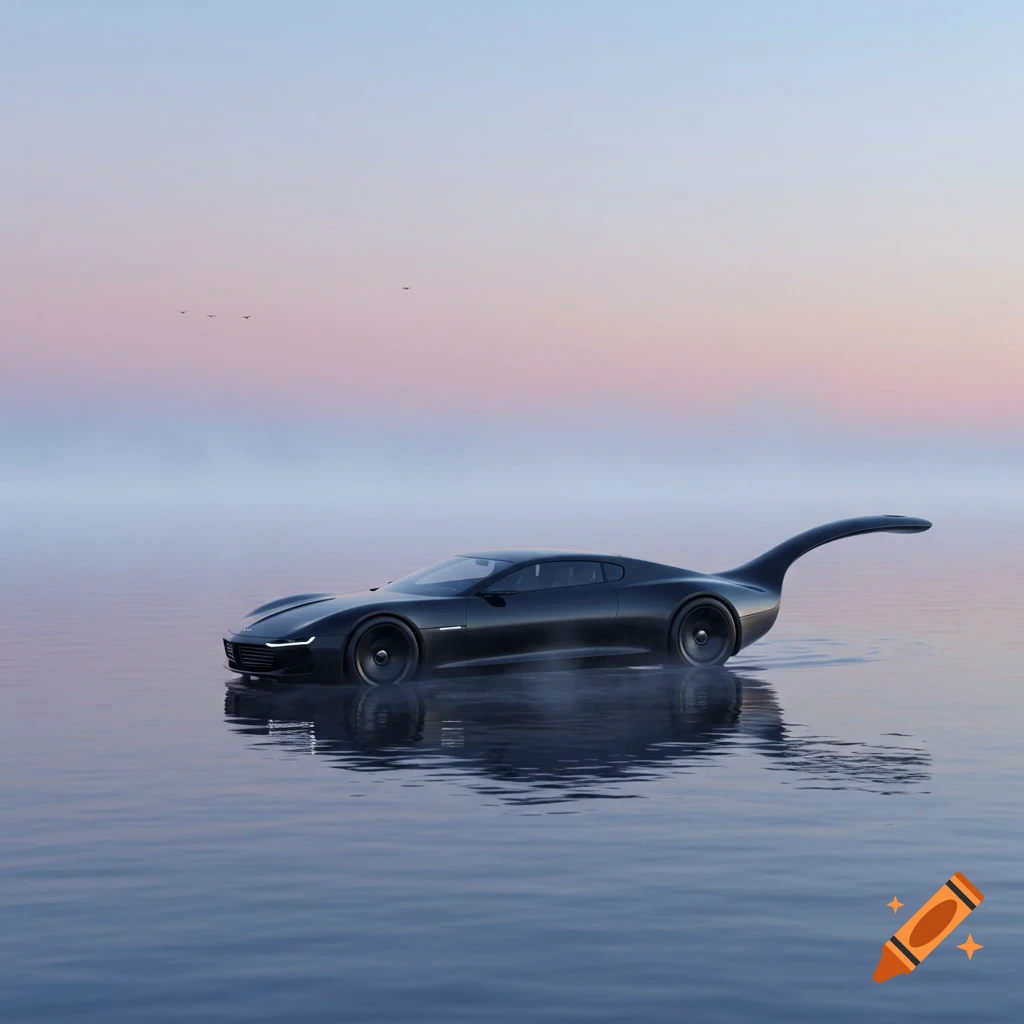 Sleek black futuristic car with a long, curved tail drives in calm water under a pink and blue sunset sky.