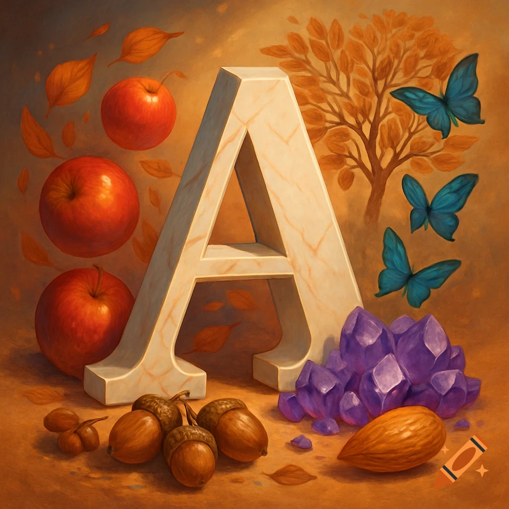 A stylized capital letter A surrounded by apples, acorns, an almond, purple crystals, autumn leaves, a tree, and blue butterflies in an autumnal, painterly style.