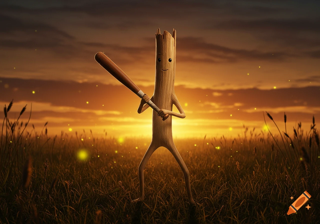 A whimsical wooden stick figure holds a baseball bat while standing in a grassy field at sunset with glowing particles.