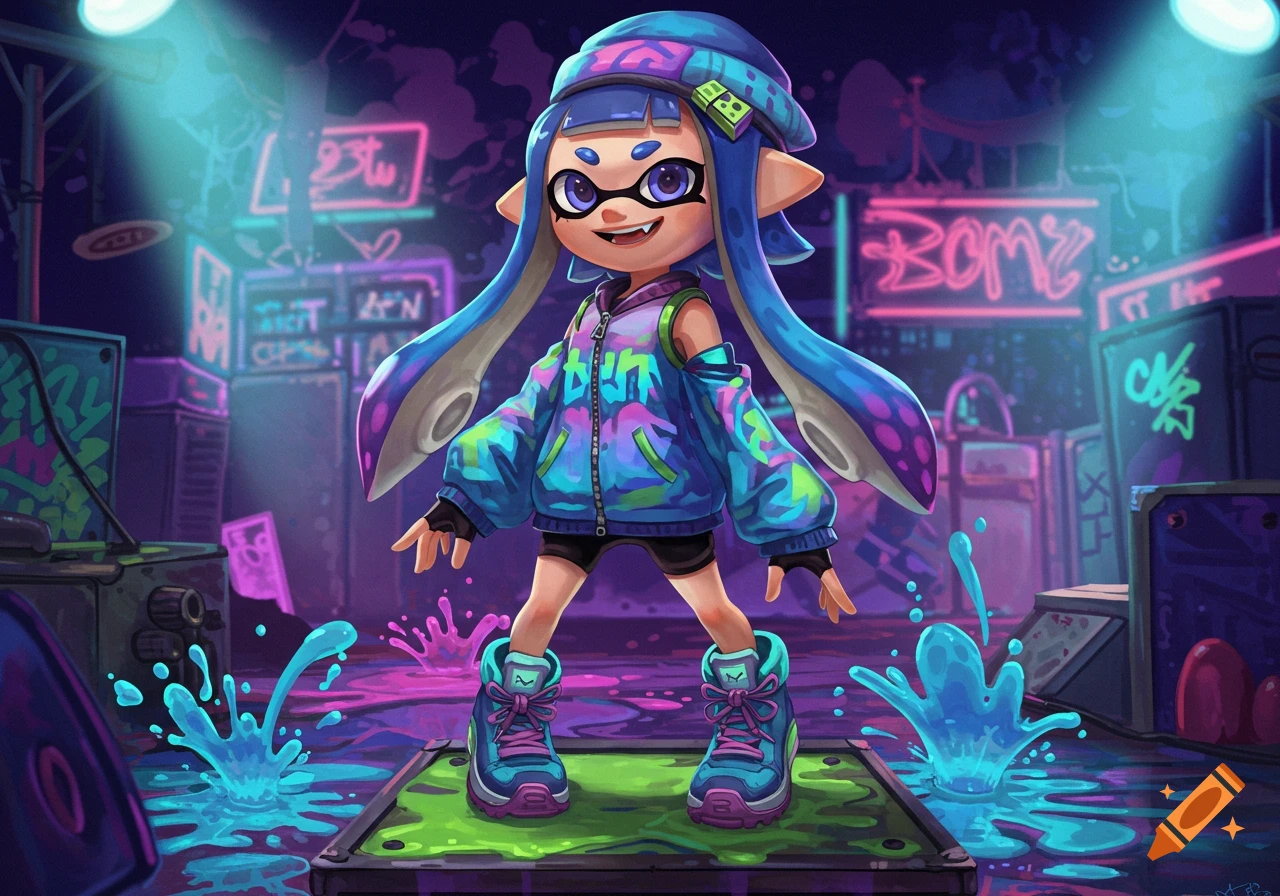 A vibrant Splatoon Inkling character in a blue hoodie and hat stands on an ink-splashed platform in a neon-lit urban environment.