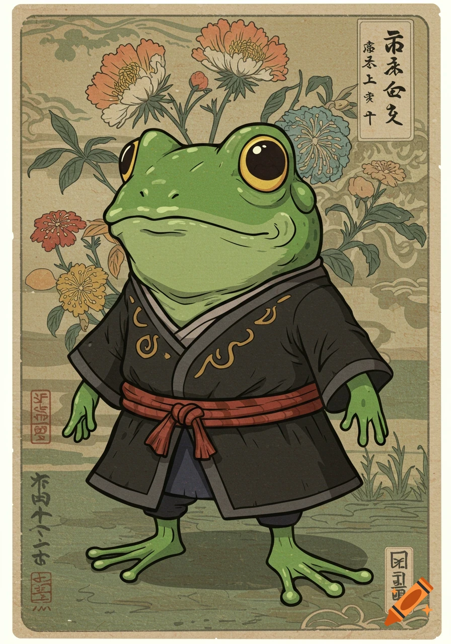 A green chibi frog dressed in a black kimono with gold patterns and a red sash, set against a vintage Japanese floral print background.