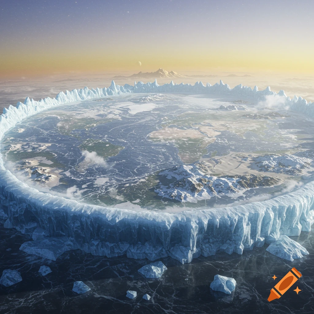 An aerial view of a flat Earth surrounded by a massive circular ice wall, with continents, oceans, and icebergs under a warm sky with a distant moon.