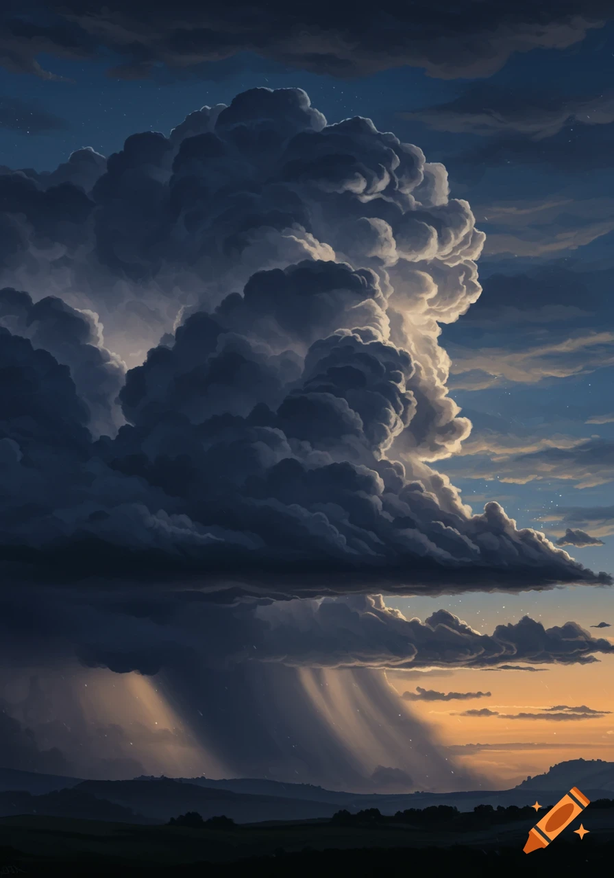 Dramatic storm clouds with lightning and rain falling over a dark, hilly landscape at sunset, in a digital painting style.