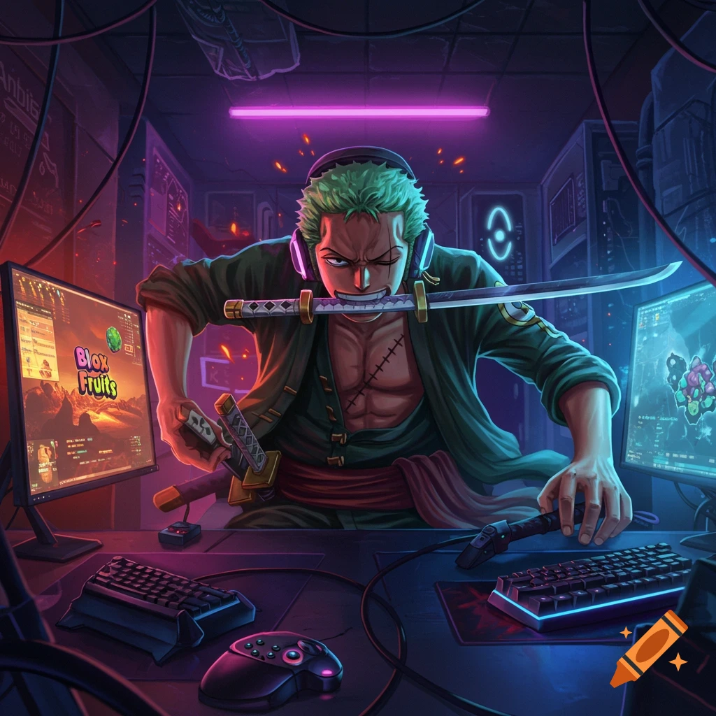 Zoro from One Piece, with green hair and scars, wears headphones and holds a katana in his mouth while gaming in a neon-lit room.