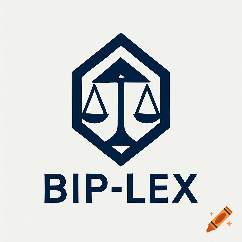 A minimalist dark blue hexagonal logo featuring the scales of justice and the text 'BIP-LEX'.