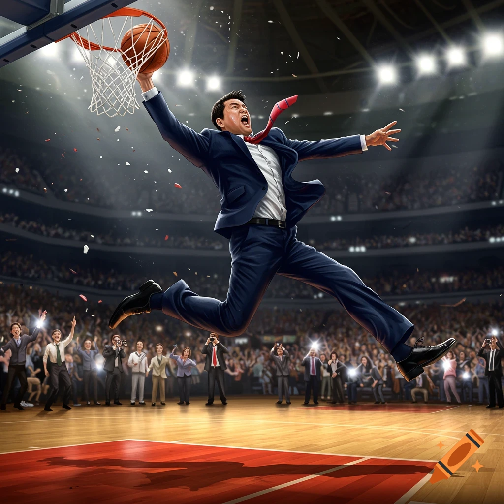 A businessman in a suit slam dunks a basketball in a brightly lit arena, cheered on by a crowd.