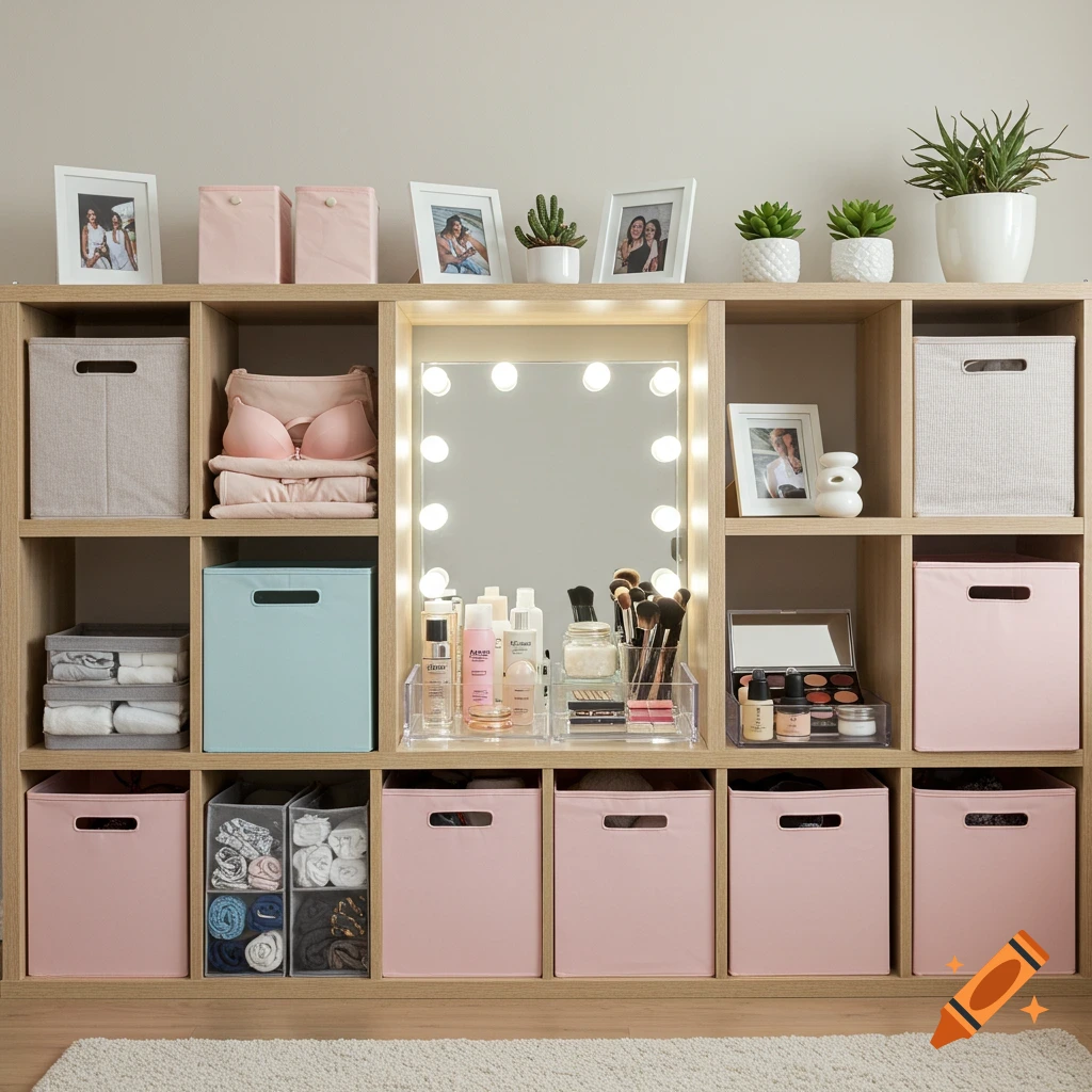 A neat wooden shelving unit with twelve cubbies, featuring stored items like pink bins, folded laundry, a vanity mirror with lights, and various beauty products and decorative plants.