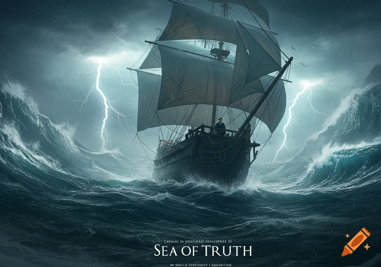 A majestic sailing ship with full sails battles immense waves and lightning strikes during a fierce storm at sea, with a captain standing on deck. Photorealistic style.