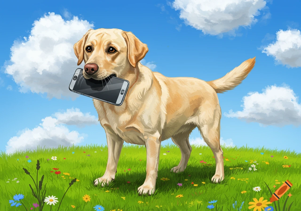 An illustration of a yellow Labrador Retriever standing in a grassy field under a blue sky, holding a smartphone in its mouth.